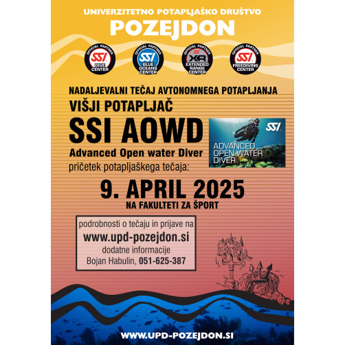 Nadaljevalni tečaj potapljanja - SSI AOWD - Višji potapljač - 09.04.2025