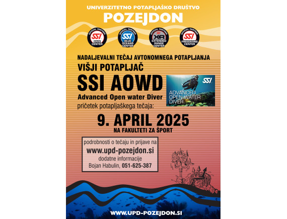 Nadaljevalni tečaj potapljanja - SSI AOWD - Višji potapljač - 09.04.2025
